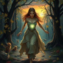 A cursed princess in a mystical forest, dressed in tattered yet elegant gown, with a glowing heart visibly struggling against a dark curse that threatens to turn it into glass