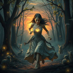 A cursed princess in a mystical forest, dressed in tattered yet elegant gown, with a glowing heart visibly struggling against a dark curse that threatens to turn it into glass
