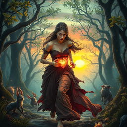 A cursed princess in a mystical forest, dressed in tattered yet elegant gown, with a glowing heart visibly struggling against a dark curse that threatens to turn it into glass