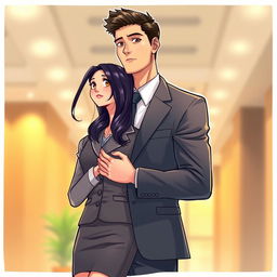 In a vibrant manhua art style, a tall 7-foot man with a fit, gym-toned build stands confidently in a well-tailored suit