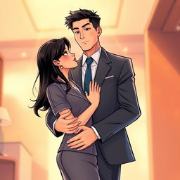 In a vibrant manhua art style, a tall 7-foot man with a fit, gym-toned build stands confidently in a well-tailored suit