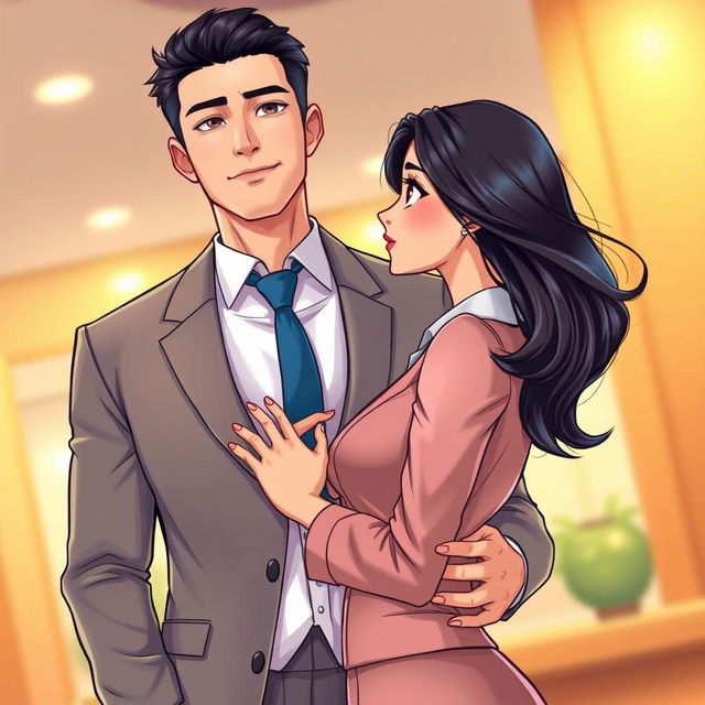 In a vibrant manhua art style, a tall 7-foot man with a fit, gym-toned build stands confidently in a well-tailored suit