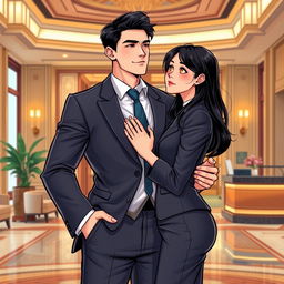 In a vibrant manhua art style, depict a tall, 7-foot man with a fit, gym-toned build, embodying a mix of Korean and Russian features