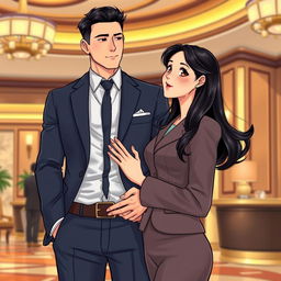In a vibrant manhua art style, depict a tall, 7-foot man with a fit, gym-toned build, embodying a mix of Korean and Russian features
