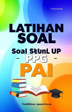 A vibrant and engaging cover design for a study guide titled 'Latihan Soal Sebelum UP PPG PAI'