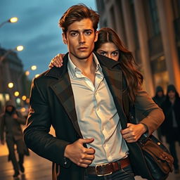 A dramatic scene depicting Prince Elliott, a handsome man with regal features and a wounded expression, being rescued by a young journalist who has a determined look in her eyes