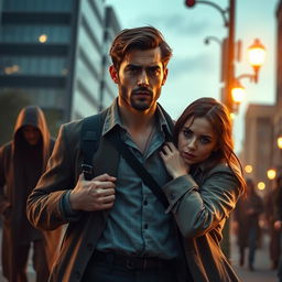 A dramatic scene depicting Prince Elliott, a handsome man with regal features and a wounded expression, being rescued by a young journalist who has a determined look in her eyes