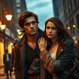 A dramatic scene depicting Prince Elliott, a handsome man with regal features and a wounded expression, being rescued by a young journalist who has a determined look in her eyes