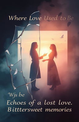 A melancholic and artistic representation of heartbreak and memories, featuring symbolic elements like shattered glass, fading photographs, and soft, ghostly silhouettes of two figures reaching out to each other but not touching