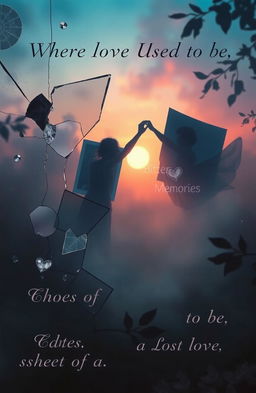 A melancholic and artistic representation of heartbreak and memories, featuring symbolic elements like shattered glass, fading photographs, and soft, ghostly silhouettes of two figures reaching out to each other but not touching