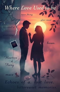 A melancholic and artistic representation of heartbreak and memories, featuring symbolic elements like shattered glass, fading photographs, and soft, ghostly silhouettes of two figures reaching out to each other but not touching