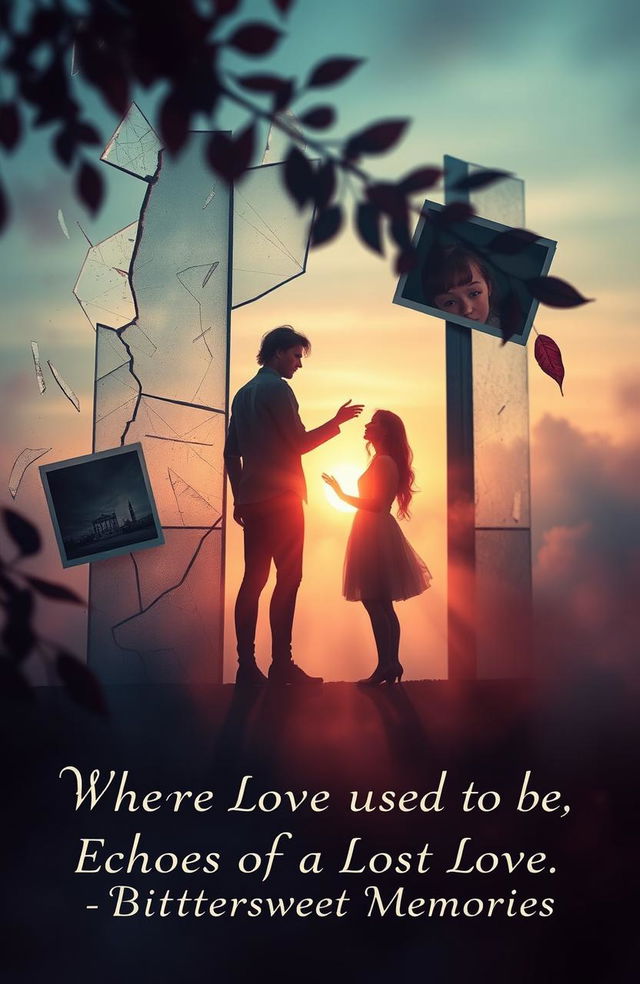 A melancholic and artistic representation of heartbreak and memories, featuring symbolic elements like shattered glass, fading photographs, and soft, ghostly silhouettes of two figures reaching out to each other but not touching