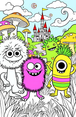 A whimsical scene from a monster-themed coloring book, featuring a variety of friendly monsters
