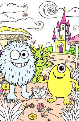 A whimsical scene from a monster-themed coloring book, featuring a variety of friendly monsters