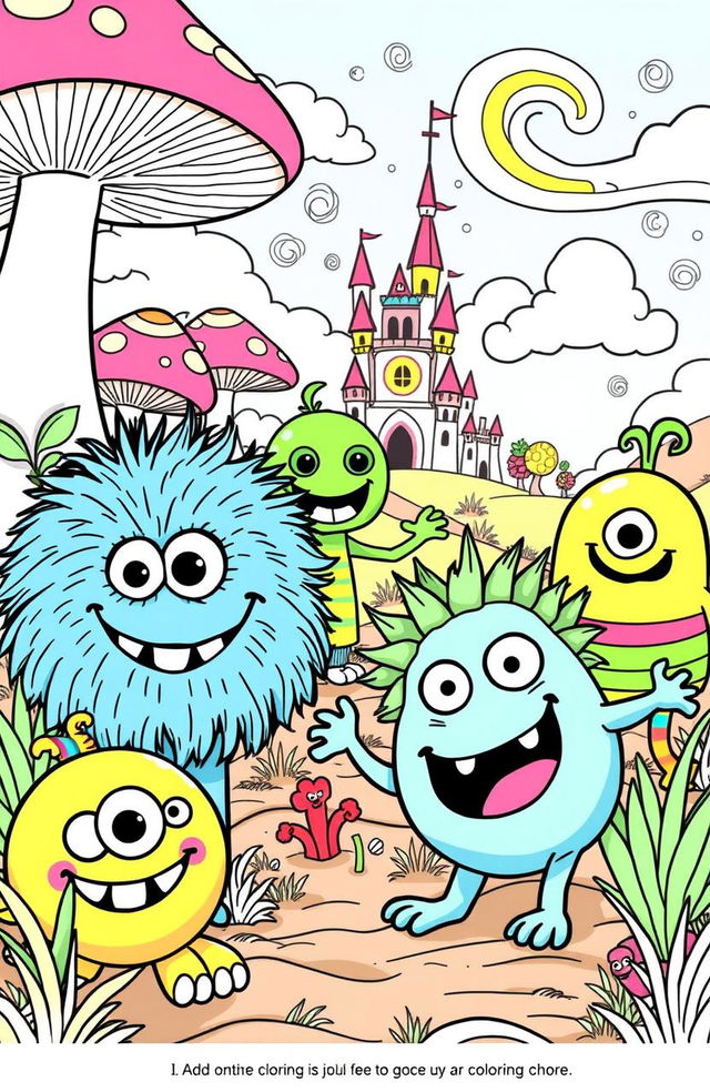 A whimsical scene from a monster-themed coloring book, featuring a variety of friendly monsters