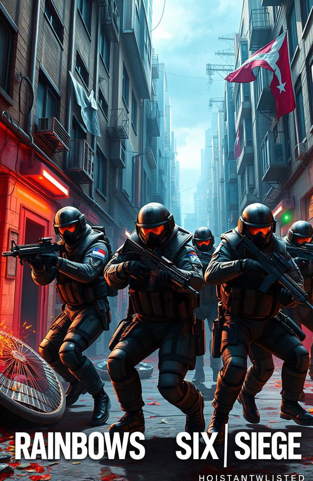 A dynamic scene inspired by Rainbow Six Siege, featuring a tactical squad of elite operatives armed with modern weaponry in a high-stakes hostage rescue mission