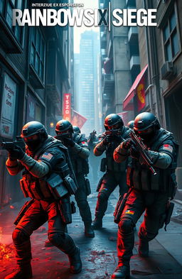 A dynamic scene inspired by Rainbow Six Siege, featuring a tactical squad of elite operatives armed with modern weaponry in a high-stakes hostage rescue mission