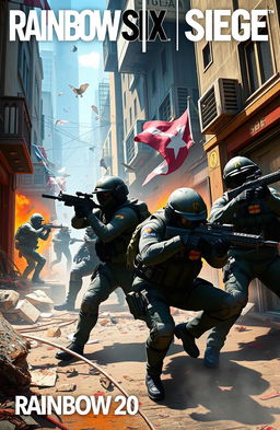 A dynamic scene inspired by Rainbow Six Siege, featuring a tactical squad of elite operatives armed with modern weaponry in a high-stakes hostage rescue mission