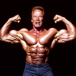 Arnold Schwarzenegger in his prime, showcasing his muscular physique by powerfully flexing his muscles, with a determined expression on his face.