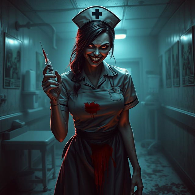 A sinister nurse character, dressed in a dark, menacing version of a traditional nurse's uniform, complete with a blood-stained apron and a sadistic grin