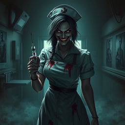 A sinister nurse character, dressed in a dark, menacing version of a traditional nurse's uniform, complete with a blood-stained apron and a sadistic grin