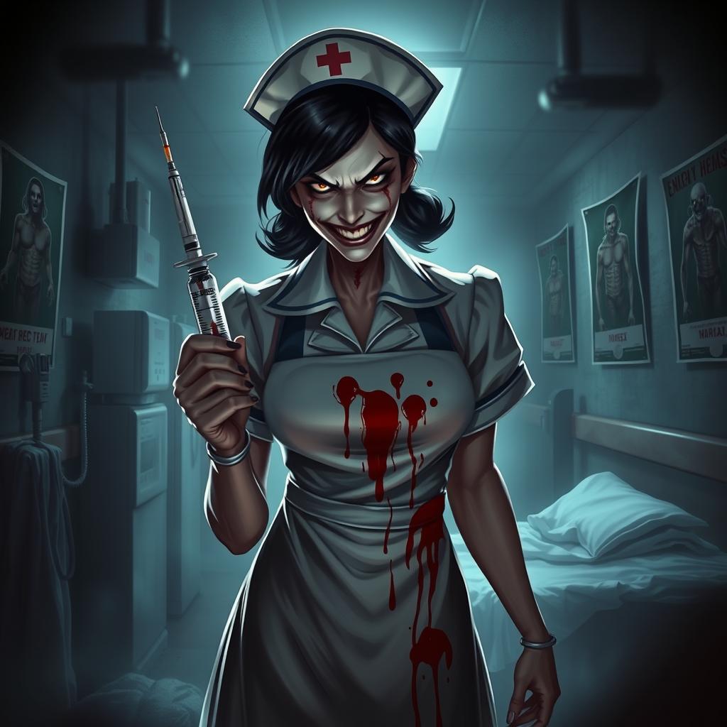 A sinister nurse character, dressed in a dark, menacing version of a traditional nurse's uniform, complete with a blood-stained apron and a sadistic grin