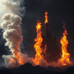 An abstract representation of a hellish landscape, depicting a dark and intense environment that contrasts cool shadows and fiery flames