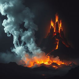An abstract representation of a hellish landscape, depicting a dark and intense environment that contrasts cool shadows and fiery flames