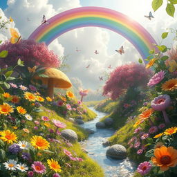 A whimsical and surreal fantasy landscape filled with vivid colors and playful elements