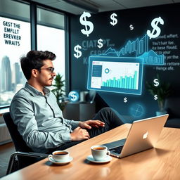 A young entrepreneur sitting in a modern office, engaged in dynamic brainstorming while utilizing a laptop displaying the ChatGPT interface