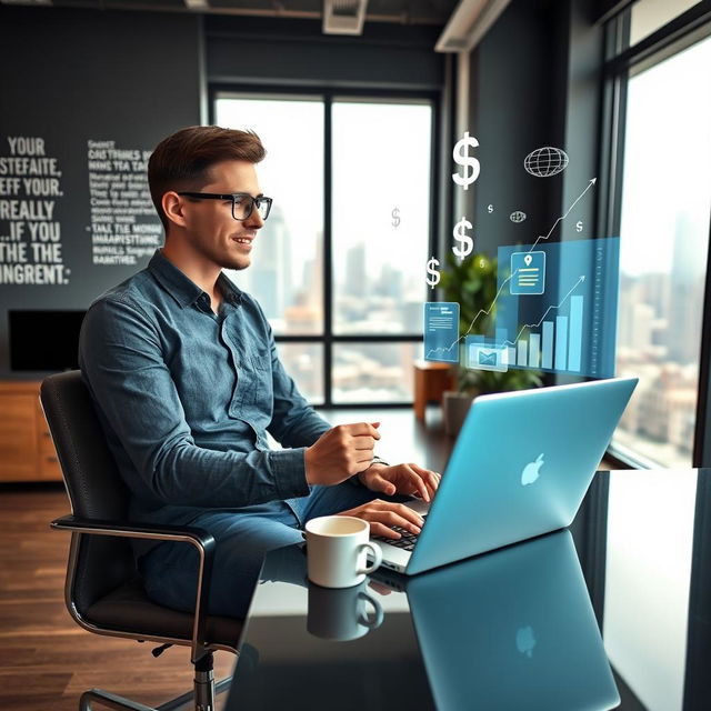 A young entrepreneur sitting in a modern office, engaged in dynamic brainstorming while utilizing a laptop displaying the ChatGPT interface