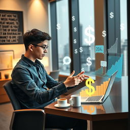 A young entrepreneur sitting in a modern office, engaged in dynamic brainstorming while utilizing a laptop displaying the ChatGPT interface