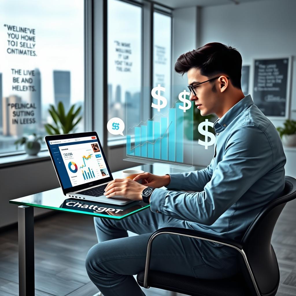 A young entrepreneur sitting in a modern office, engaged in dynamic brainstorming while utilizing a laptop displaying the ChatGPT interface