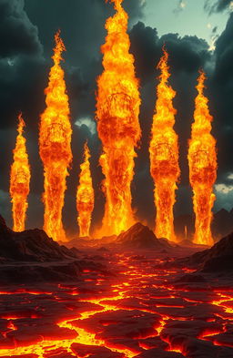 A surreal landscape depicting a fiery hellscape where giant sparks shoot up into the sky resembling majestic castles