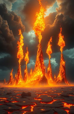 A surreal landscape depicting a fiery hellscape where giant sparks shoot up into the sky resembling majestic castles