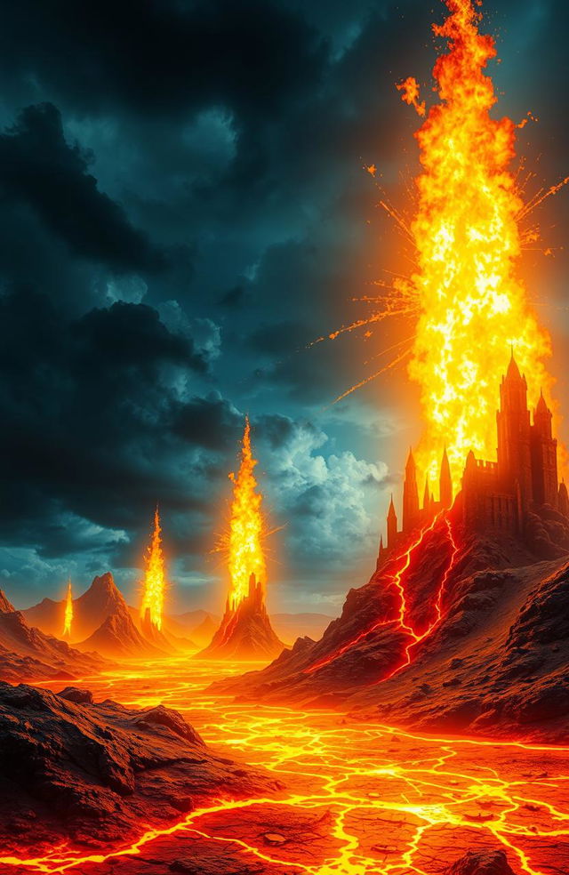 A surreal landscape depicting a fiery hellscape where giant sparks shoot up into the sky resembling majestic castles