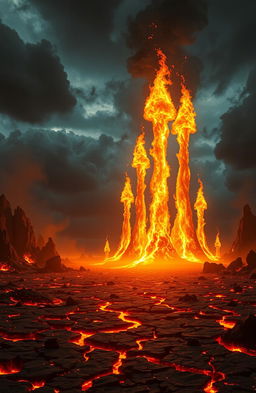 A surreal landscape depicting a fiery hellscape where giant sparks shoot up into the sky resembling majestic castles