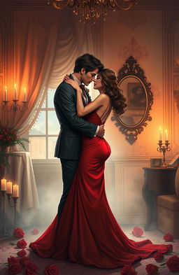 A captivating illustration of an intense and passionate love scenario, showcasing two lovers locked in a deep embrace, their eyes filled with longing and desire