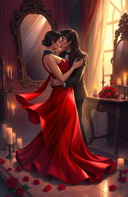 A captivating illustration of an intense and passionate love scenario, showcasing two lovers locked in a deep embrace, their eyes filled with longing and desire