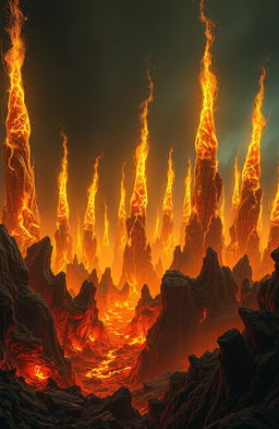 A fantastical scene depicting a vivid, otherworldly landscape resembling Hell, filled with enormous, radiant sparks shooting up like giant castles