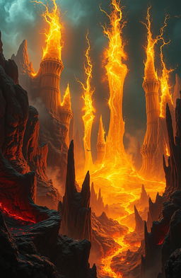 A fantastical scene depicting a vivid, otherworldly landscape resembling Hell, filled with enormous, radiant sparks shooting up like giant castles