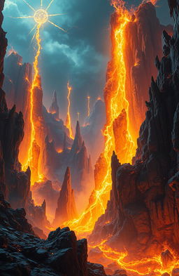 A fantastical scene depicting a vivid, otherworldly landscape resembling Hell, filled with enormous, radiant sparks shooting up like giant castles