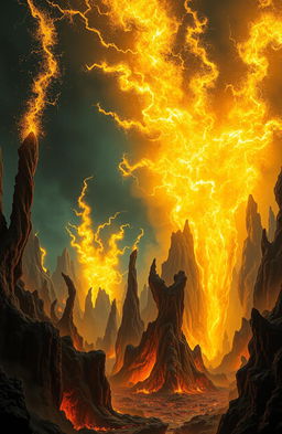 A fantastical scene depicting a vivid, otherworldly landscape resembling Hell, filled with enormous, radiant sparks shooting up like giant castles
