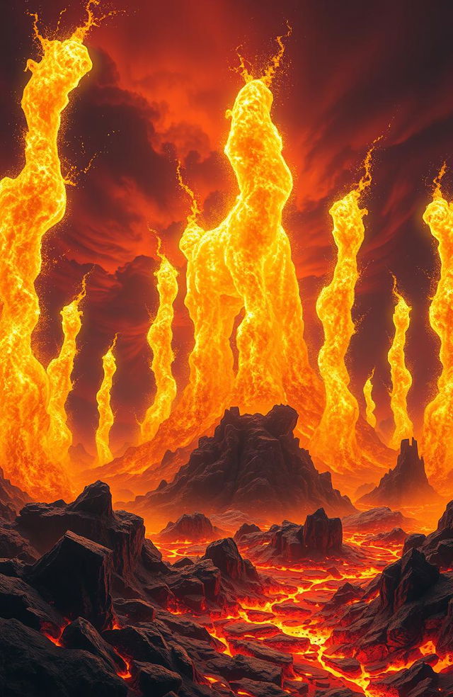 A fantastical scene depicting a hellish landscape with huge, vibrant sparks soaring through the air like giant castles