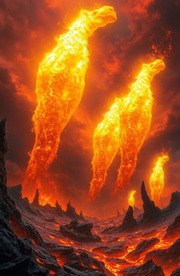 A fantastical scene depicting a hellish landscape with huge, vibrant sparks soaring through the air like giant castles
