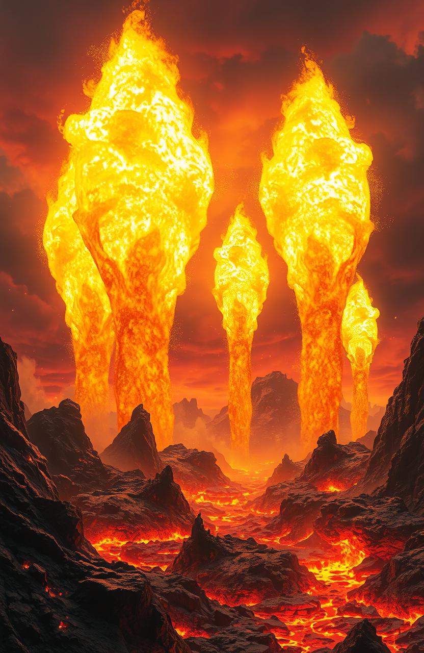 A fantastical scene depicting a hellish landscape with huge, vibrant sparks soaring through the air like giant castles