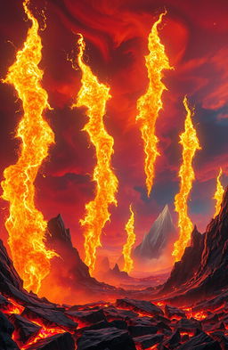 A fantastical scene depicting a hellish landscape with huge, vibrant sparks soaring through the air like giant castles