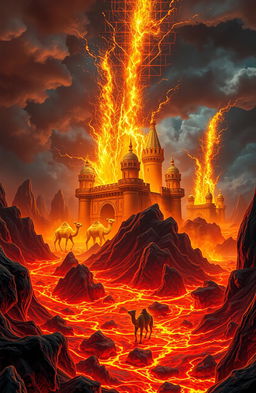 A surreal depiction of Hell, where giant sparks emerge like castles, illuminating the scene with a bright yellow light resembling camels