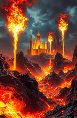 A surreal depiction of Hell, where giant sparks emerge like castles, illuminating the scene with a bright yellow light resembling camels