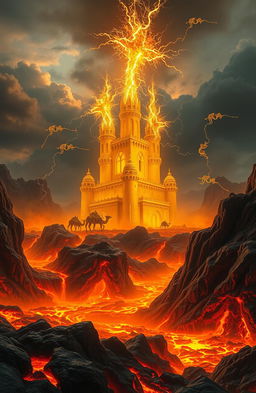 A surreal depiction of Hell, where giant sparks emerge like castles, illuminating the scene with a bright yellow light resembling camels